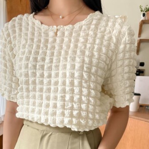DAZY Solid Round Neck Textured Blouse - Picture 1 of 5